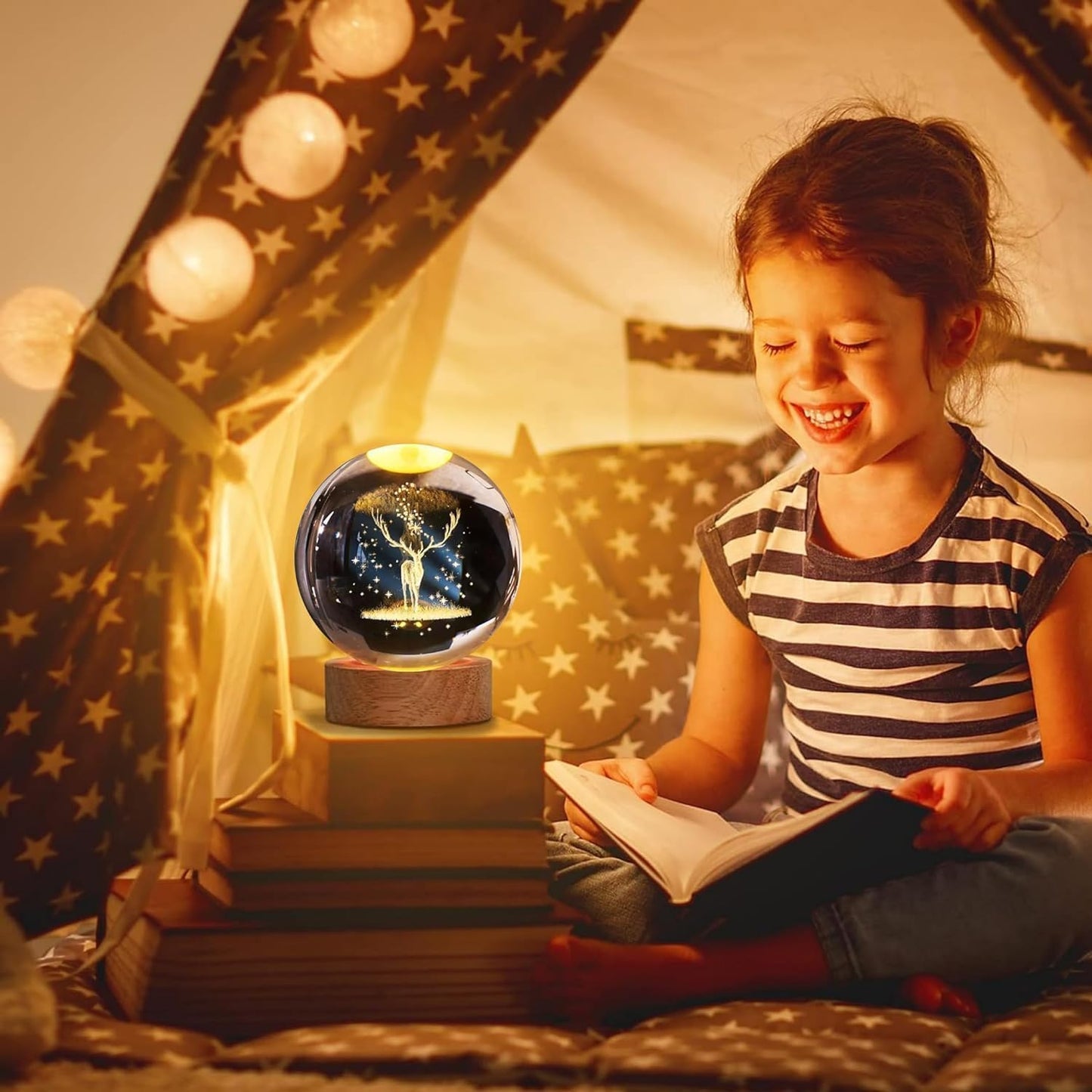 ShopTrend™ 3D Deer Globe Crystal Lamp – Premium LED 3D Deer Lamp with Laser Engraved Crystal Globe, Wooden Base & USB Power