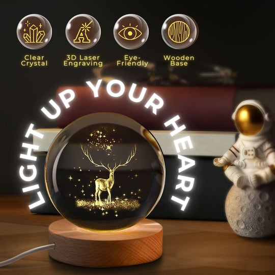 ShopTrend™ 3D Deer Globe Crystal Lamp – Premium LED 3D Deer Lamp with Laser Engraved Crystal Globe, Wooden Base & USB Power