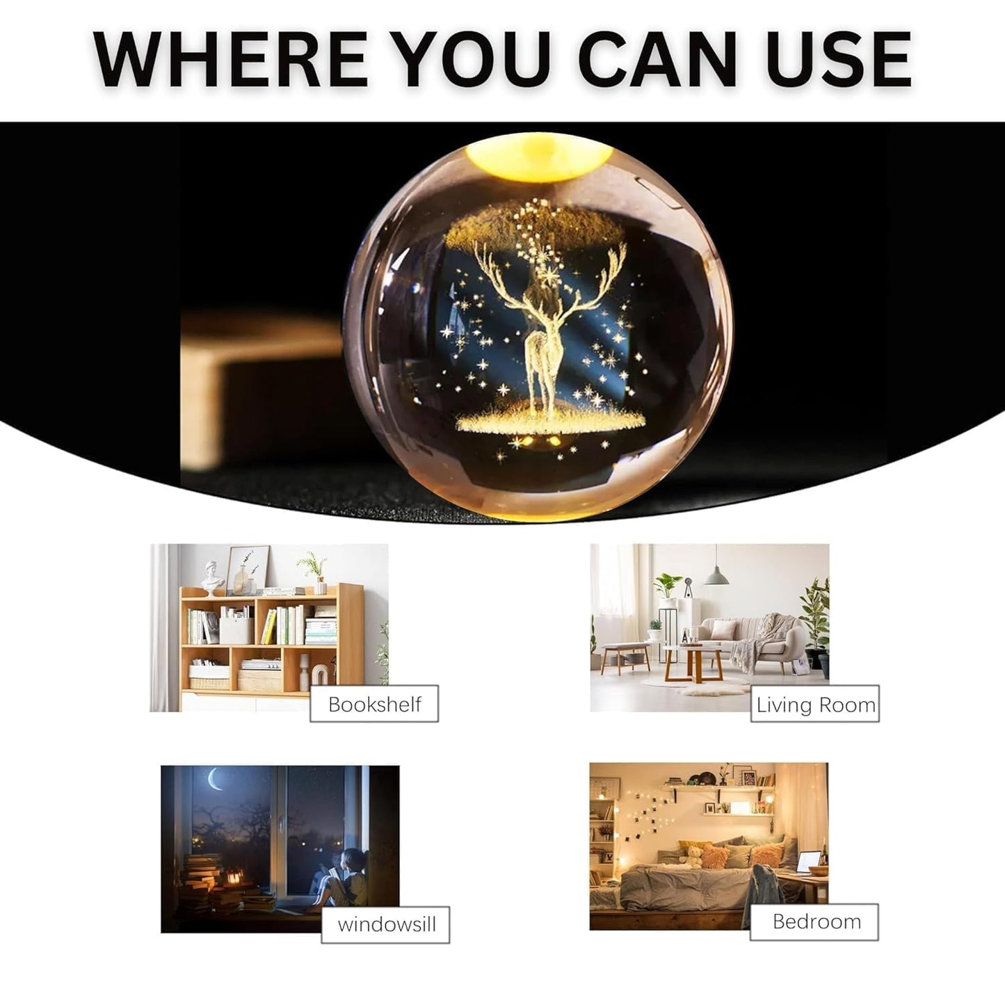 ShopTrend™ 3D Deer Globe Crystal Lamp – Premium LED 3D Deer Lamp with Laser Engraved Crystal Globe, Wooden Base & USB Power