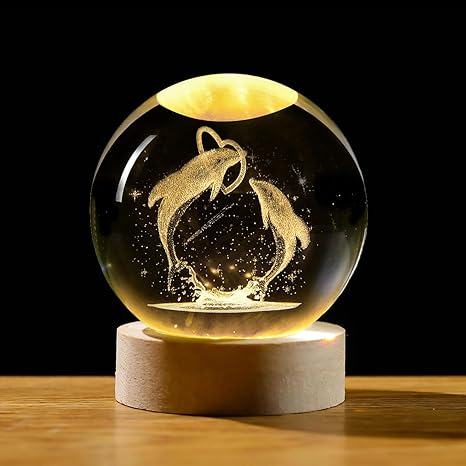 ShopTrend™ 3D Dolphin Globe Lamp – LED Dolphin Crystal Lamp with Wooden Base | 3D Laser Engraved Dolphin Globe Night Light for Home Décor & Gifts