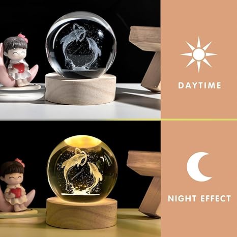 ShopTrend™ 3D Dolphin Globe Lamp – LED Dolphin Crystal Lamp with Wooden Base | 3D Laser Engraved Dolphin Globe Night Light for Home Décor & Gifts