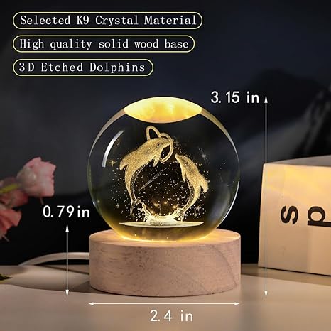 ShopTrend™ 3D Dolphin Globe Lamp – LED Dolphin Crystal Lamp with Wooden Base | 3D Laser Engraved Dolphin Globe Night Light for Home Décor & Gifts