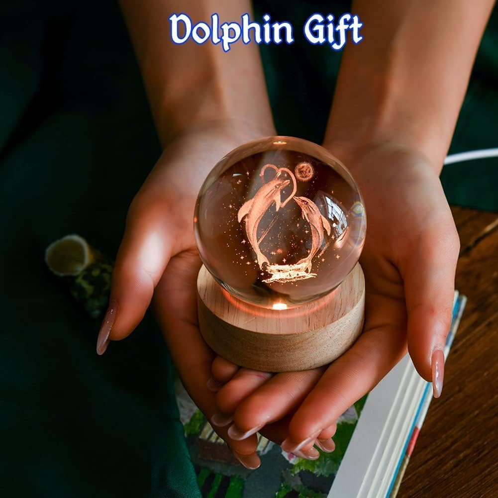 ShopTrend™ 3D Dolphin Globe Lamp – LED Dolphin Crystal Lamp with Wooden Base | 3D Laser Engraved Dolphin Globe Night Light for Home Décor & Gifts