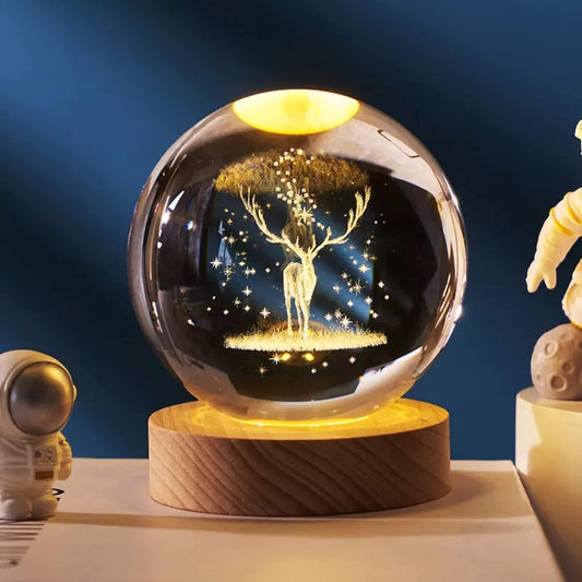 ShopTrend™ 3D Deer Globe Crystal Lamp – Premium LED 3D Deer Lamp with Laser Engraved Crystal Globe, Wooden Base & USB Power