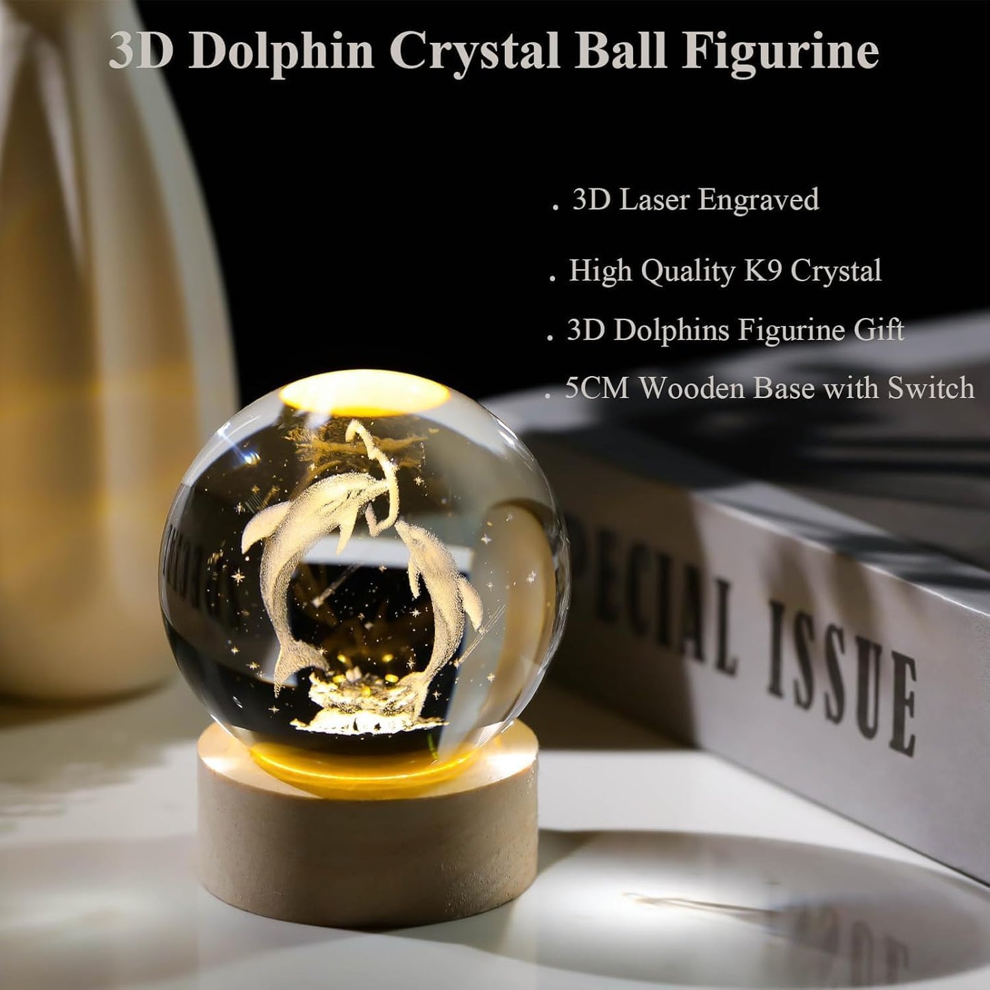 ShopTrend™ 3D Dolphin Globe Lamp – LED Dolphin Crystal Lamp with Wooden Base | 3D Laser Engraved Dolphin Globe Night Light for Home Décor & Gifts
