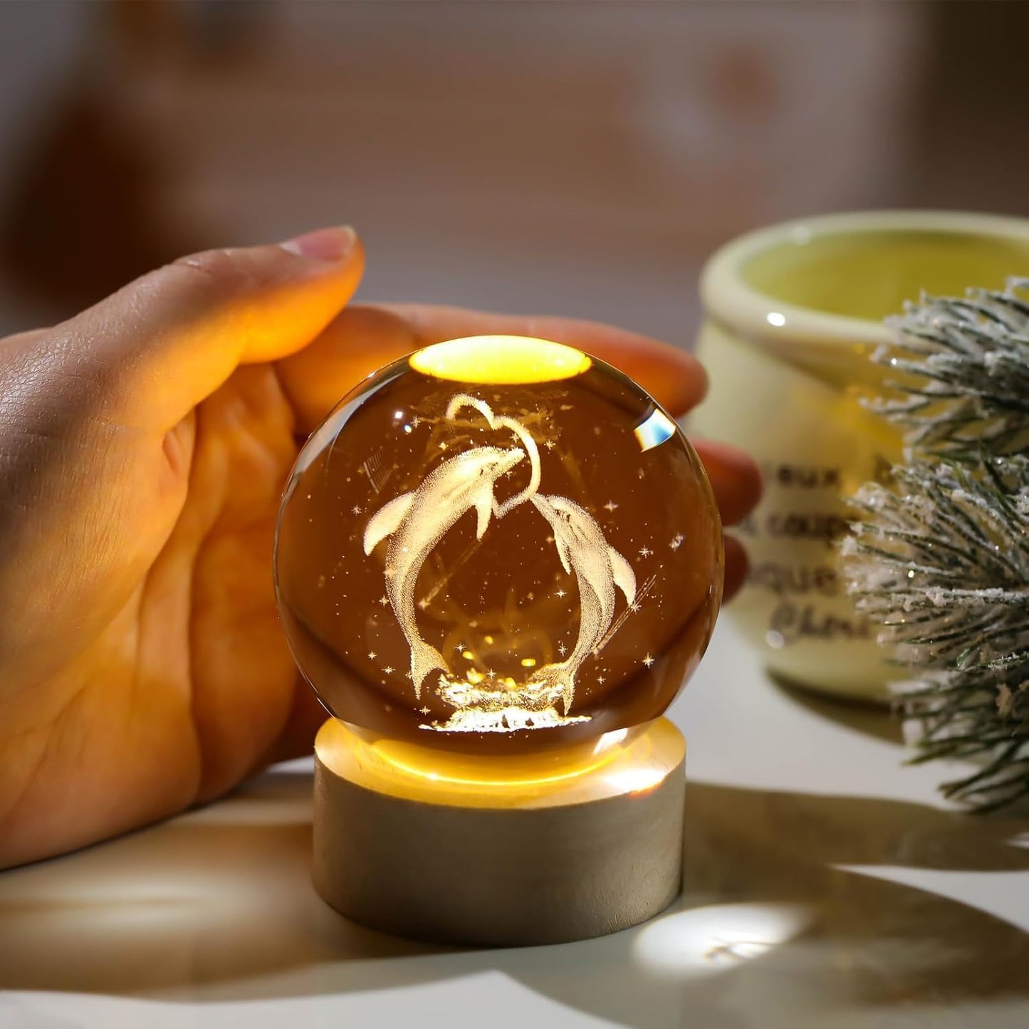 ShopTrend™ 3D Dolphin Globe Lamp – LED Dolphin Crystal Lamp with Wooden Base | 3D Laser Engraved Dolphin Globe Night Light for Home Décor & Gifts