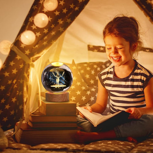 ShopTrend™ 3D Deer Globe Crystal Lamp – Premium LED 3D Deer Lamp with Laser Engraved Crystal Globe, Wooden Base & USB Power