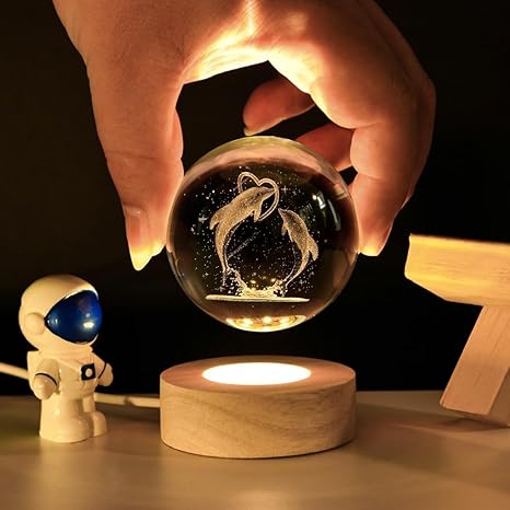 ShopTrend™ 3D Dolphin Globe Lamp – LED Dolphin Crystal Lamp with Wooden Base | 3D Laser Engraved Dolphin Globe Night Light for Home Décor & Gifts