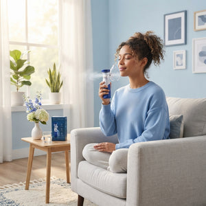 A woman using a portable mesh nebulizer in a peaceful, sunlit modern living room.