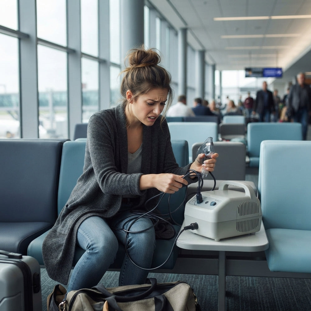 A woman sitting in an airport terminal struggling with a bulky medical nebulizer machine.